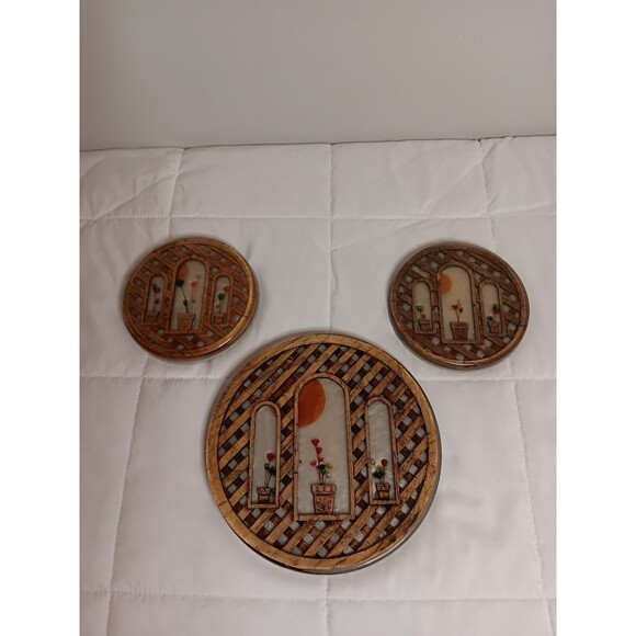 Vintage Trivet Set 70s Basket Weave With Floral Accent - Picture 1 of 7